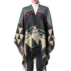 Geometric Knit Blanket Shawl Poncho Wrap Fringes 100% Acrylic Cozy One-Size